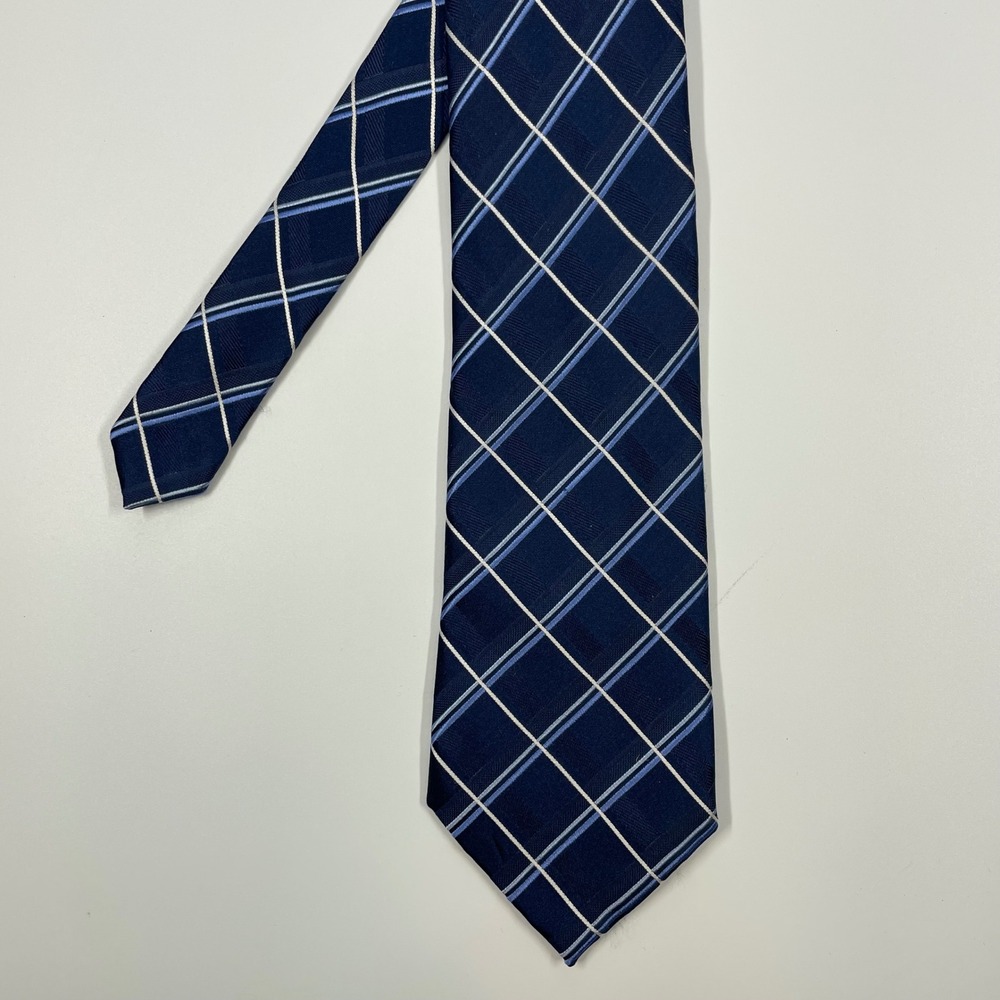 Club Room Navy Blue Plaid Windowpane Silk Necktie Mens One Size